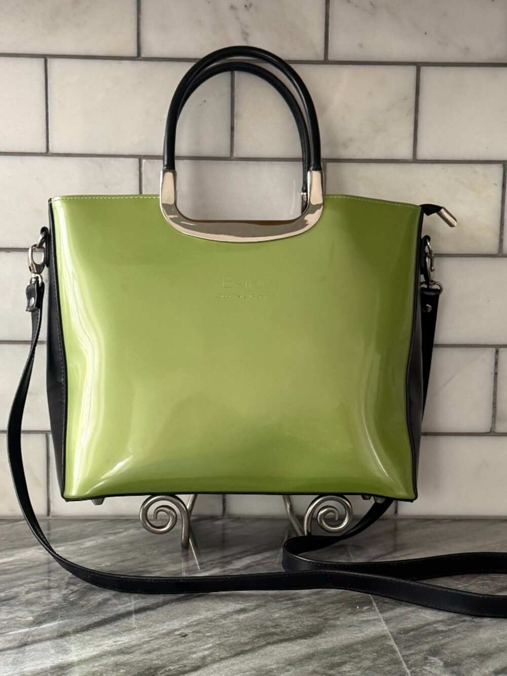 Beijo Vintage Y2K Lime Green/Black Patent Satchel Crossbody Bag Metal Handle